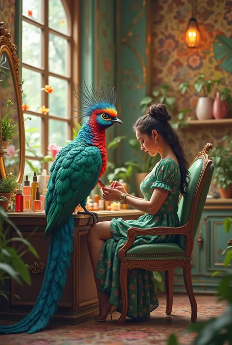 A quetzal bird doing nails to a client in a nail salon