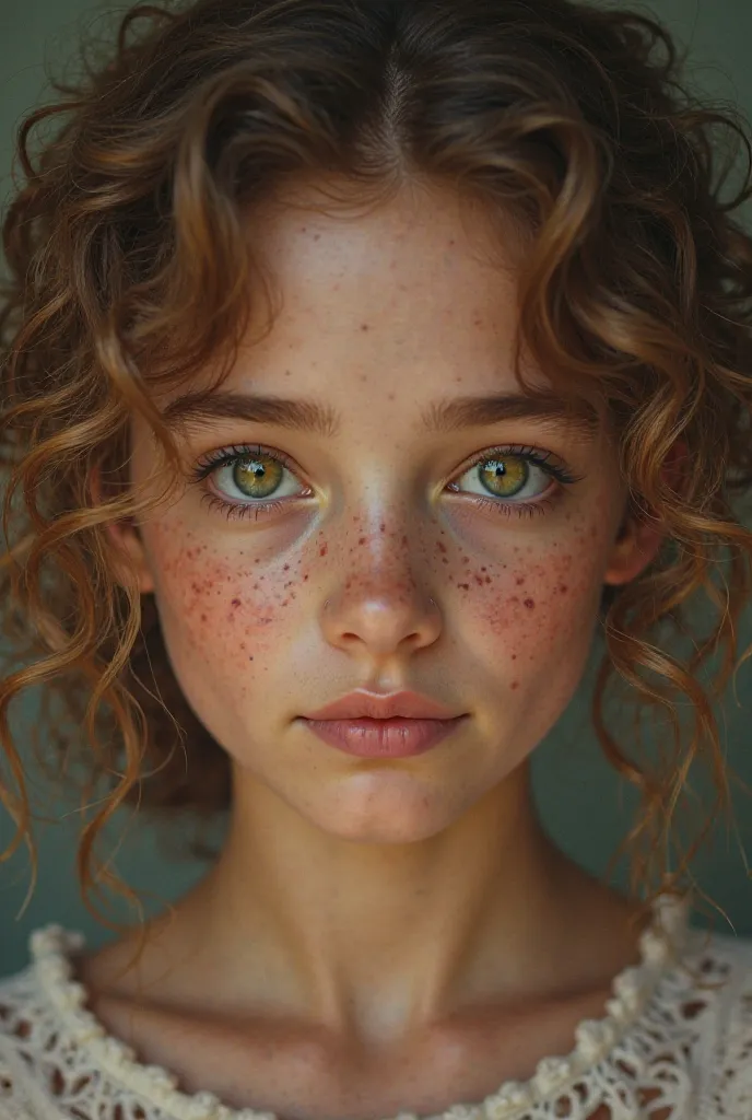 You can take the described image and place dark green eyes on it., Freckles and change your hair to light brown and curlier 