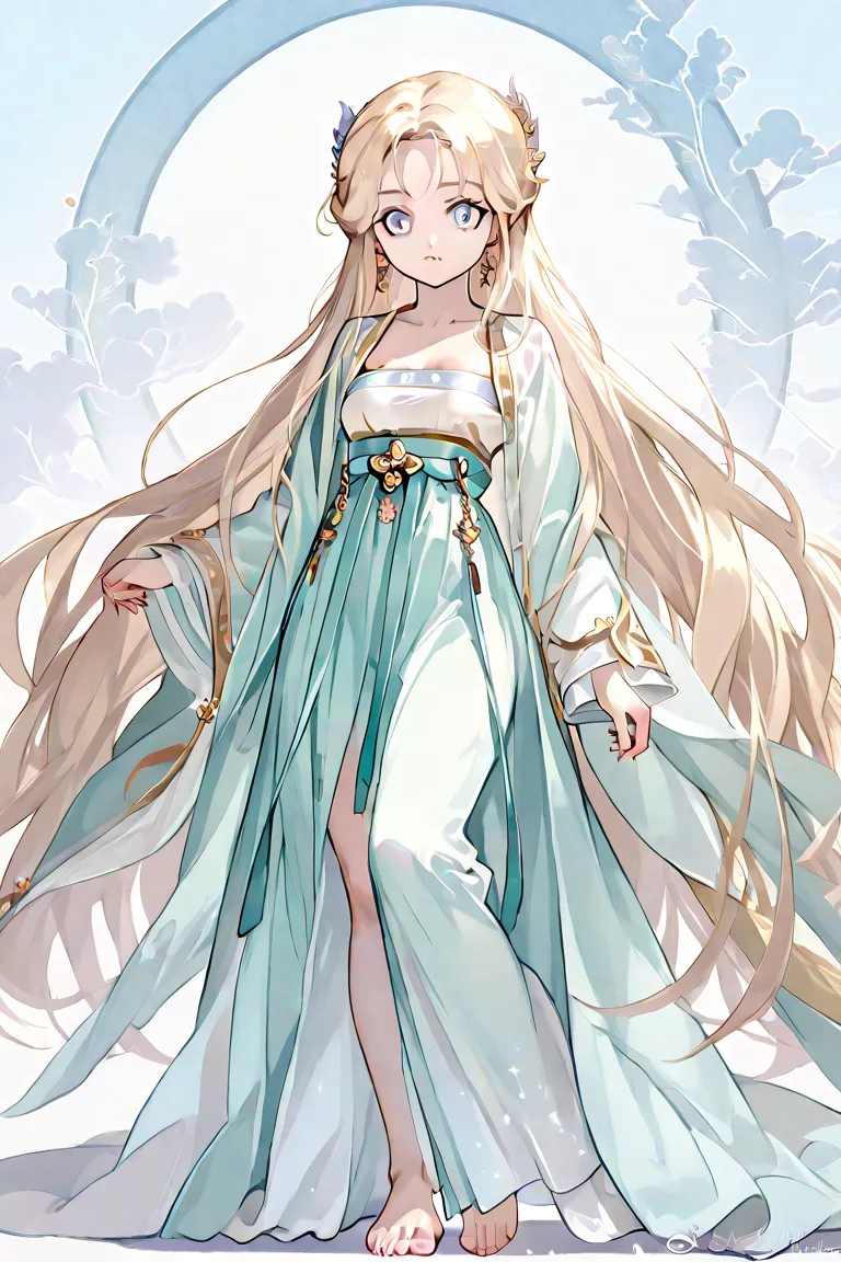 Girl, Age: 19 years old. Height: 4 feet 11 inches. Build: Silky white skin. Body: Slim, B cup breasts, voluptuous. Eyes: Sky blue. Hair: Very long and straight, pale blonde color.
Clothing: She wears a traditional and elegant Hanfu, with dark blue, pastel ...