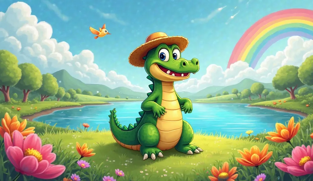 "Create a cheerful And colorful like a cute and charismatic crocodile in a magical cartoon environment. The crocodile has a big and friendly smile,  bright and expressive eyes, and wear a stylish straw hat. He is in a verdant field filled with colorful flo...