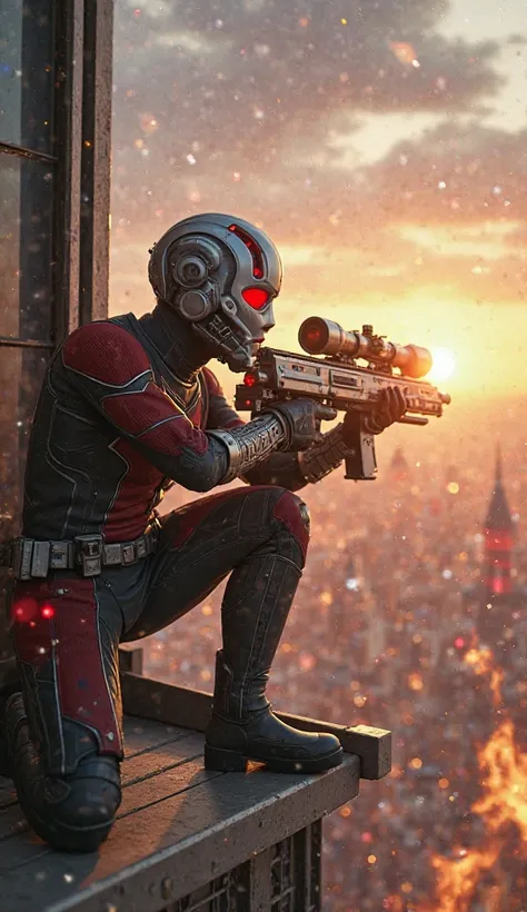 realistic image in high quality, Ant-Man is holding a giant and futuristic rocket launcher, the rocket launcher is bigger than Ant-Man, the rocket launcher is propped on Ant-Man's shoulder, the rocket launcher is a laser weapon, the rocket launcher is whit...