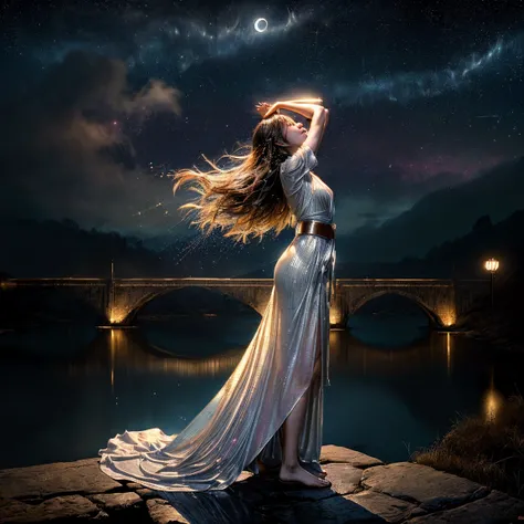 

(An elegant oriental woman crouches on an ancient stone bridge and looks at the sky），（The starry sky and moonlight paint a magnificent galaxy 1.3）ripples of water flow under the bridge reflect the bright stars in the sky（The water reflects the night sky，...