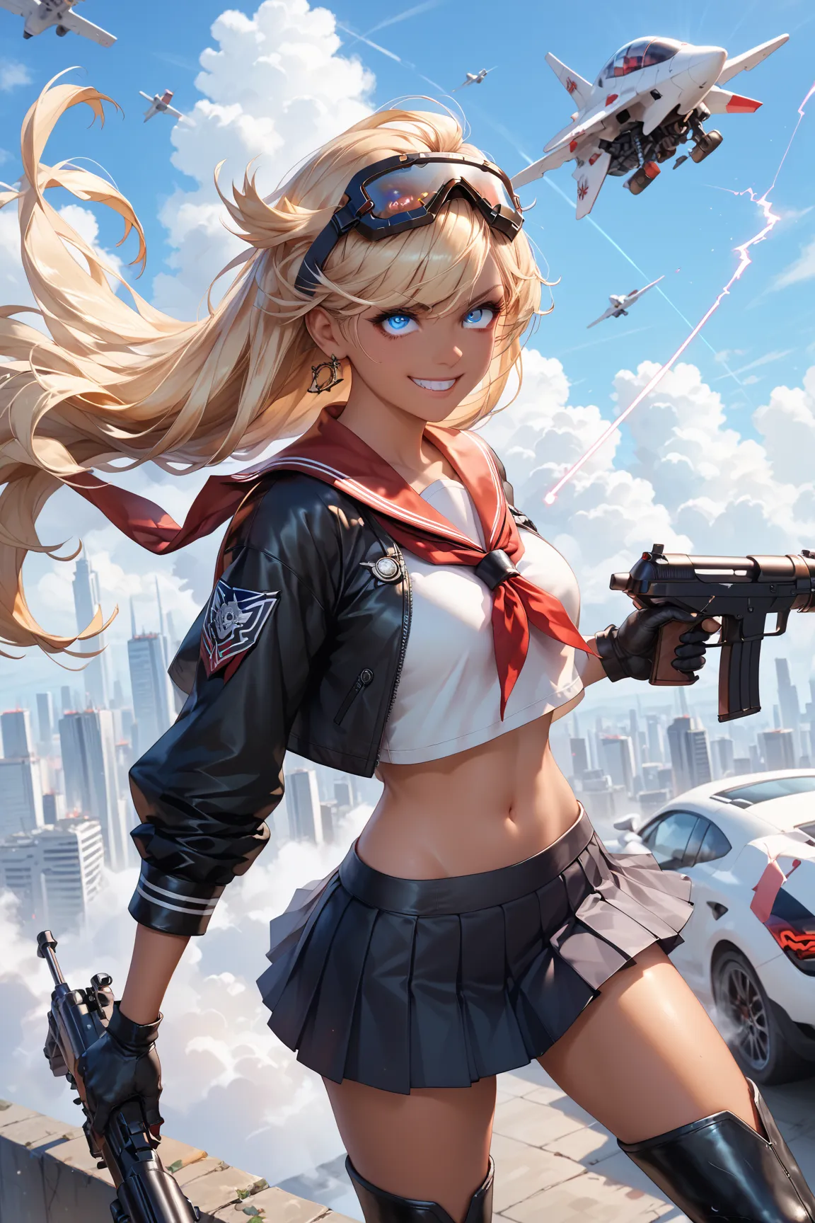 score_9, score_8_up, score_7_up, score_6_up, score_5_up, score_4_up,anime artwork masterpiece,best quality, unreal engine, ultra res, extremely detailed, One Girl,blonde hair,long hair,blue eyes,glowing eye trail,tan skin,biker goggles on head,black sailor...