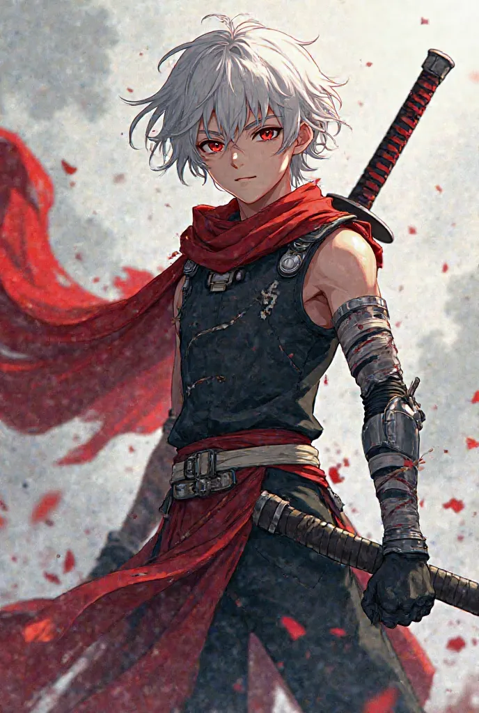 best quality, Masterpiece, 8k (realistic image)  17-year-old boy ,  in anime style , White hair flying in an extremely strong wind, red eyes and small voids, without emotions or feelings (out of oneself), huge, torn dark red stripe reaching up to the waist...