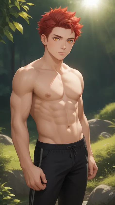 An anime boy, red-haired, shirtless, orange eyes,  young face