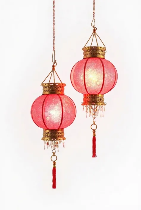 two  lanterns hanging in series,lanterns outside of dark glitter golden color and inside light globe is dark pink full shining glow,ultra realistic,very good looking,ultra high standards,white background 