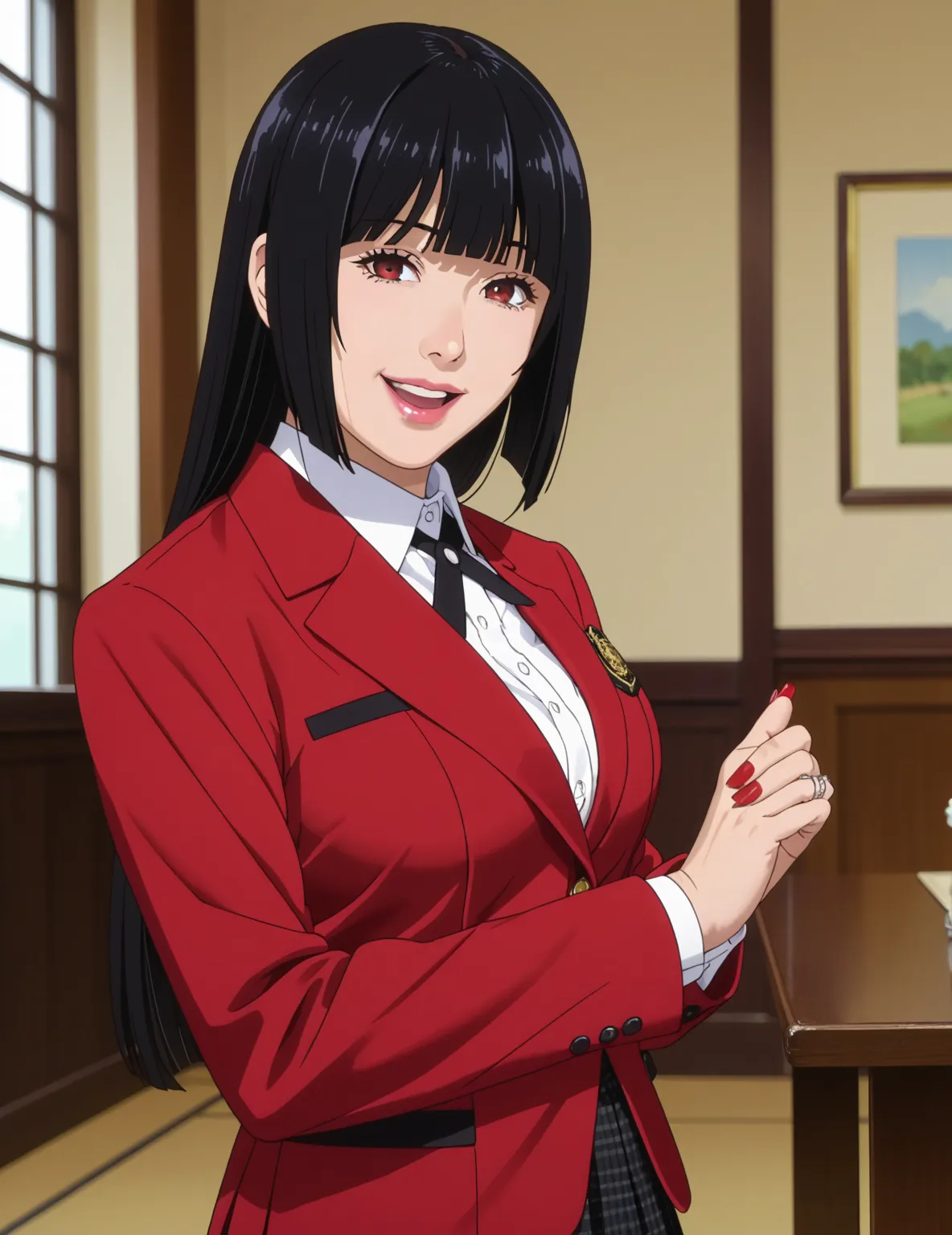 score_9, score_8_up, score_7_up, source_anime,anime screencap,anime coloring, intricate details,
mature female,
yumeko, 1girl, black hair,red eyes,bangs,lips,blunt bangs,hime cut,
school uniform,red jacket,blazer,white shirt,collared shirt,black ribbon,hou...