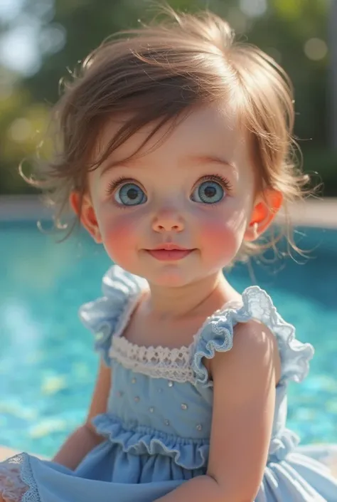 Very pretty and cute brown-haired  baby with blue-eyed hairstyle in blue dress in a billion-dollar house with pool