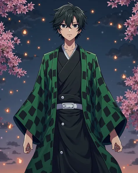 "A perfectly anime-accurate, high-quality illustration of Tanjiro Kamado from Demon Slayer, standing in a straight-on, eye-contact pose (middle-angle, not from below). His iconic green and black checkered haori is exactly like the anime version, with exten...