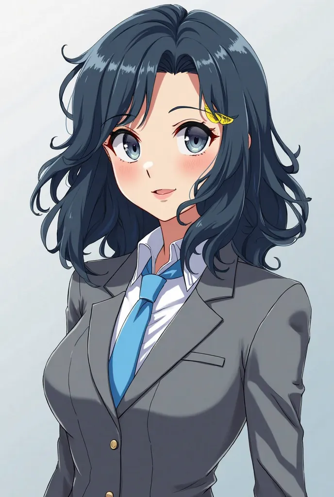 I want to create an anime character, In the style of anime:  My Hero Academia, She would have medium wavy navy blue, hair with blonde locks and big gray eyes, somewhat thin but with an hourglass body, without tattoos and without so much bust, I wouldn't we...