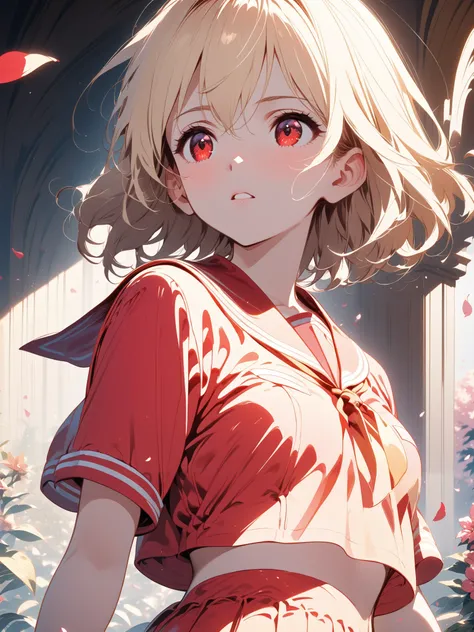 red sailor summer suit, blonde medium hair, Red Eyed Girl, Alone, The background is petals fluttering,  alert ,  knee shot, corruption,  Shade,