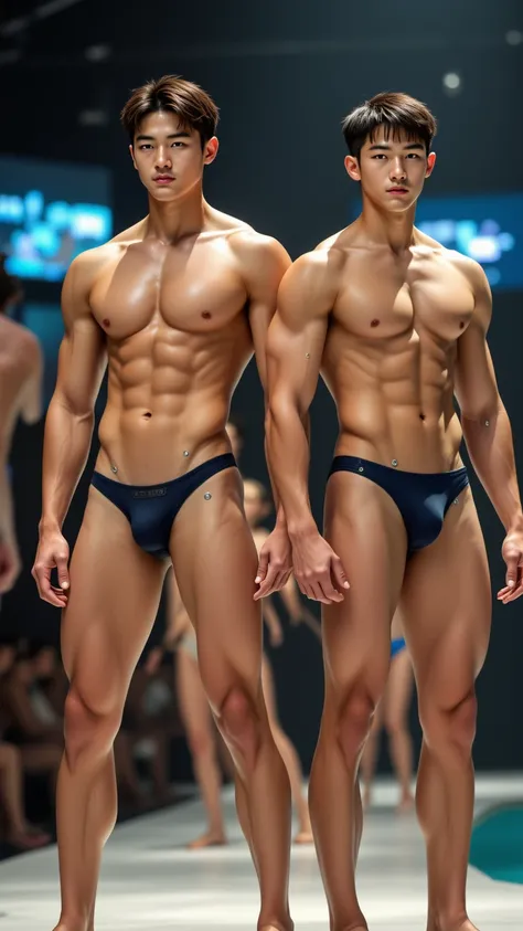 1 185cm South Korean handsome male star high school student with a Chinese male college student，(Chest Full )，（STEREO ABDOMINAL MUSCLE），（ delicate cute face ），（Fragmented cap hairstyle）， inverted triangle body ，Five-Toe ， five fingers， with no clothes ，Cro...