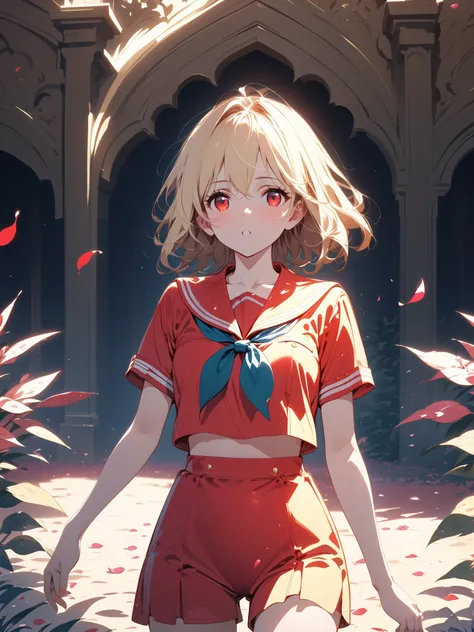 red sailor summer suit, blonde medium hair, Red Eyed Girl, Alone, The background is petals fluttering,  alert ,  knee shot, corruption,  Shade,