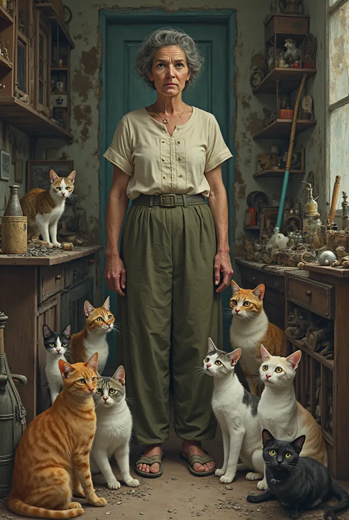 boring woman, vassoura, Interior of an old old house, Many cats