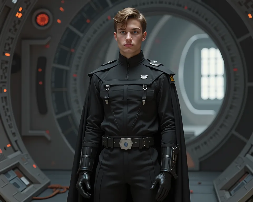 Portrait of a young caucasian adolescent man, 16years, short brown military haircut, muscular body, blue eyes, wearing a black Star Wars imperial officer Uniform, no buttons, black tunic, black jodhpur pants, black boots, black cloak, Black gloves, standin...