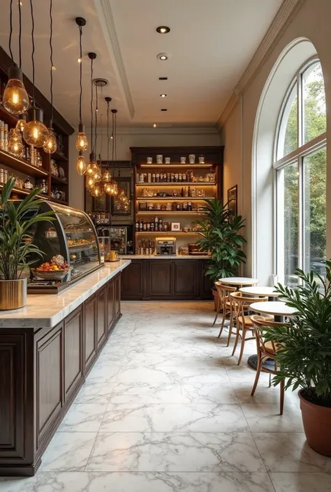 Create an image of a coffee shop which is beige, white, golden details ,  details in dark wood , with bulb lighting, warm light and plants. Piso porcelanato white negro y dorado, techo white, with fine details 