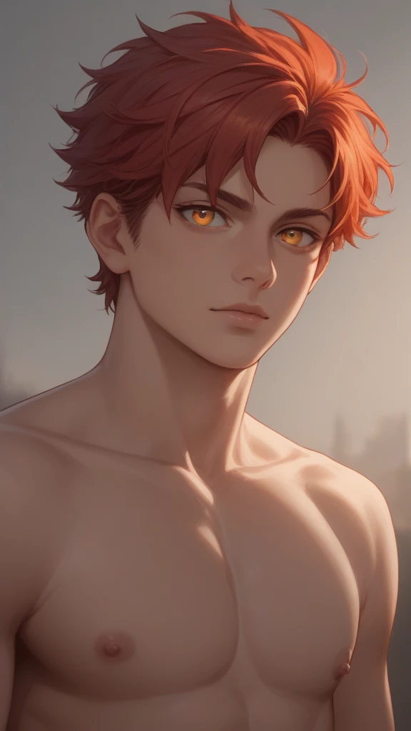 An anime boy, red-haired, shirtless, orange eyes.