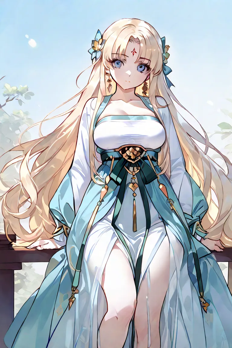 Girl, Age: 19 years old. Height: 4 feet 11 inches. Build: Silky white skin. Body: Slim, B cup breasts, voluptuous. Eyes: Sky blue. Hair: Very long and straight, pale blonde color.
Clothing: She wears a traditional and elegant Hanfu, with dark blue, pastel ...