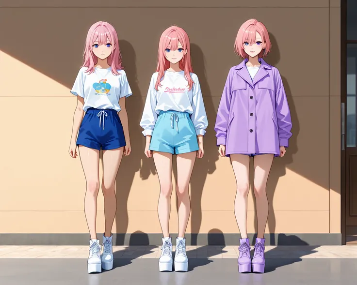 3girls, full body, standing, bare legs, light skin, pink long hair, white shirts, purple coats, blue shorts, platform oxford short booties