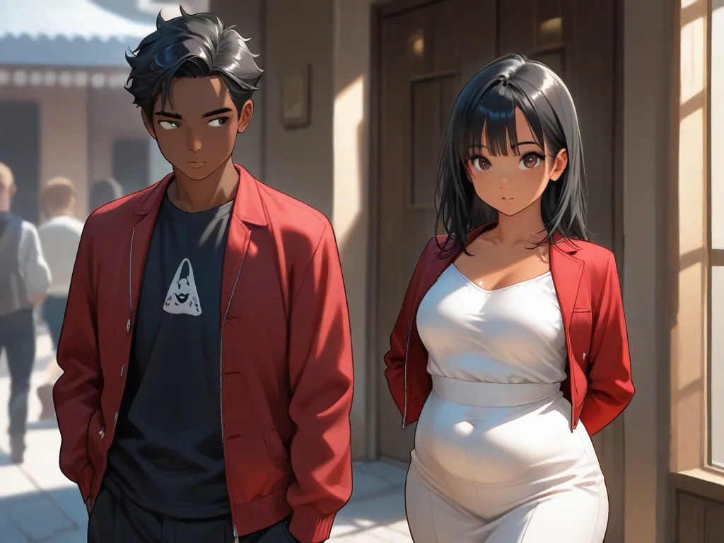   girl , brown skin , black hair , medium breasts , chubby,  wide hips ,  female body , Next to her boyfriend ,  17-year-old male ,  young , black hair , normal skin ,  mesomorphic , red jacket ,  gangster style , anime manga