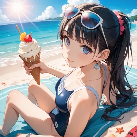  girls on the left、One person、、No boobs for s、long hair、 black hair、Play at Waikiki Beach、Diamond head in the background、school swimsuit、 eat ice cream 、35ｍｍ photos、 Japanese、 sunglasses on the head、