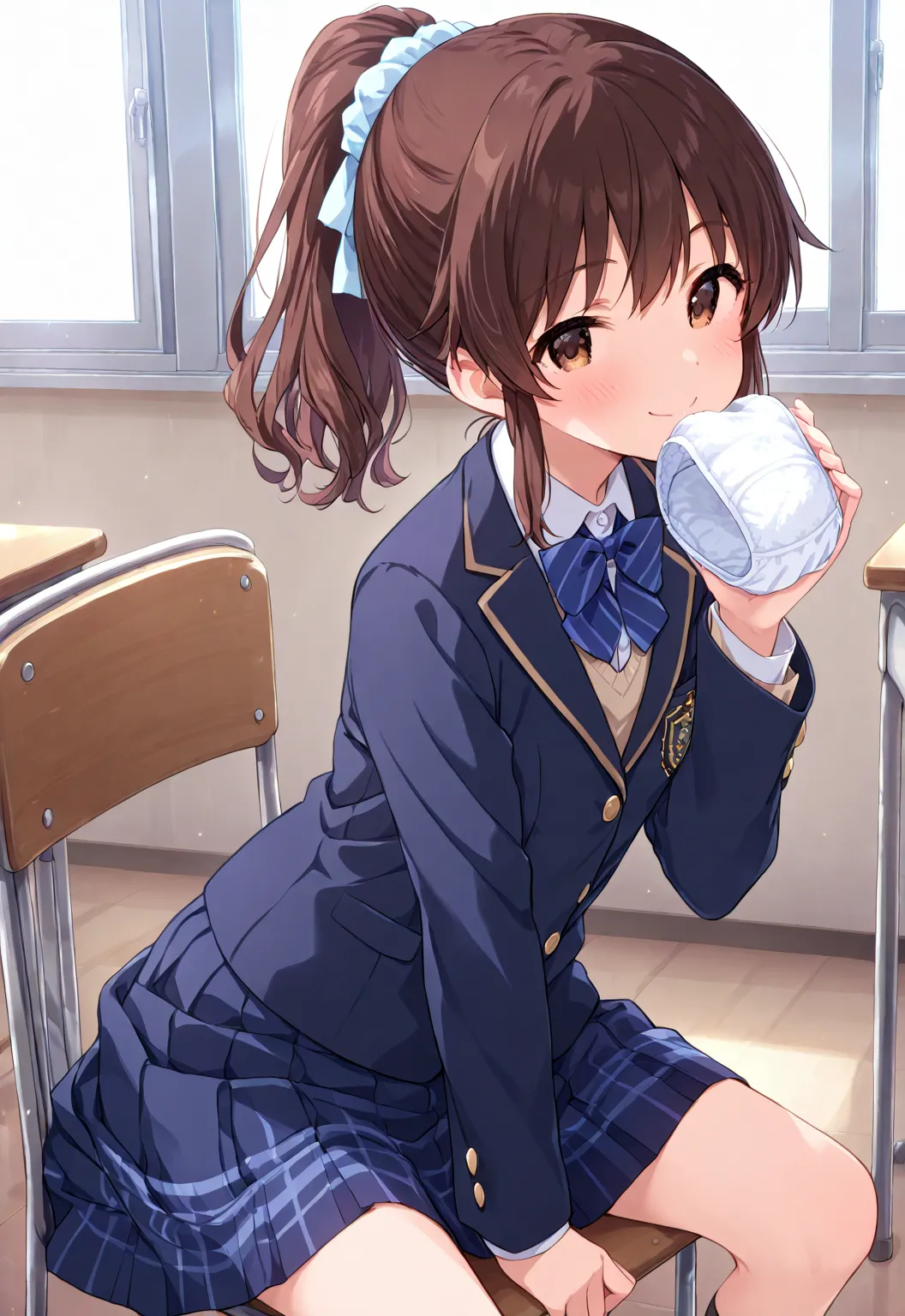 Female high school student wearing disposable diapers、brown hair、Ponytail hairstyle、 smiles gently、navy blue blazer、 navy blue skirt 、教室のSit on a chair、lifting skirts with both hands、Sit on a chair、spreads legs、I'm wearing a pure white disposable diaper