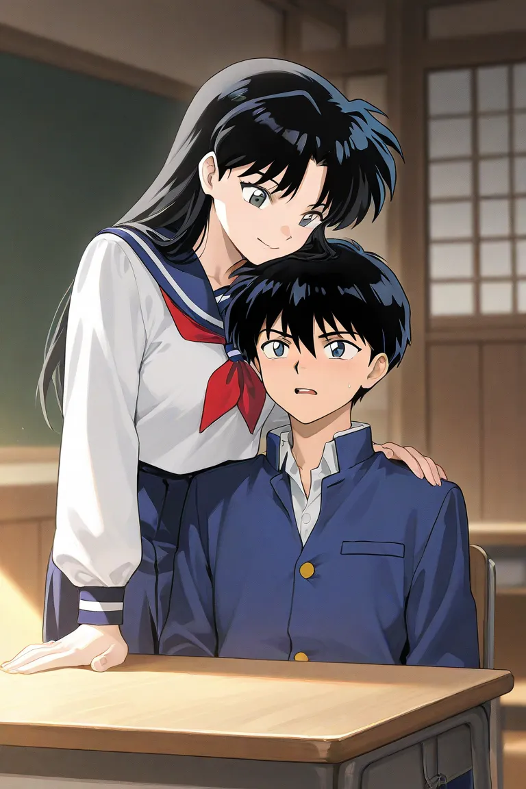 A tall handsome ager with Black short hair, light cold gray eyes, cooky, wearing blue school uniform. The boy is joking. Inuyasha manga art style.