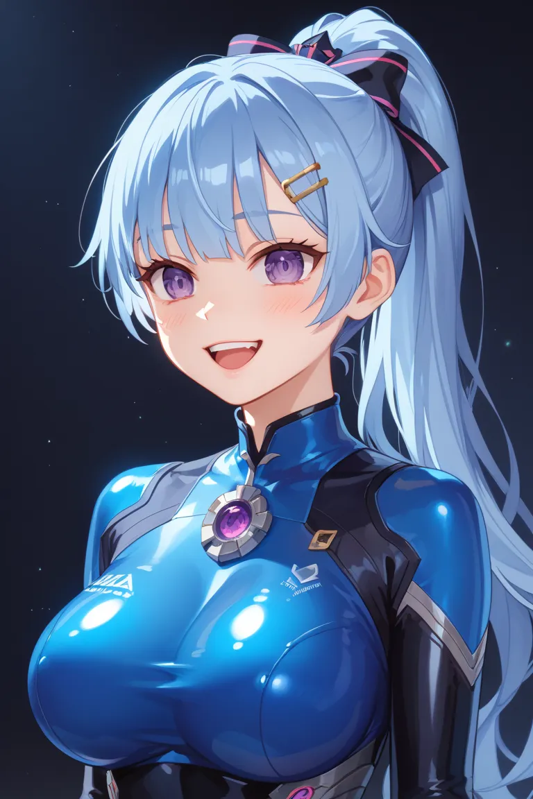 1 girl, high definition, masterpiece, accurate, anatomically correct, TOP QUALITY, high detail, very detailed, textured skin,  bangs between your eyes, Blue Hair/light blue hair, ponytail, HAIR CLIP,  anime style,  big breasts, Fallen into evil,  black rub...