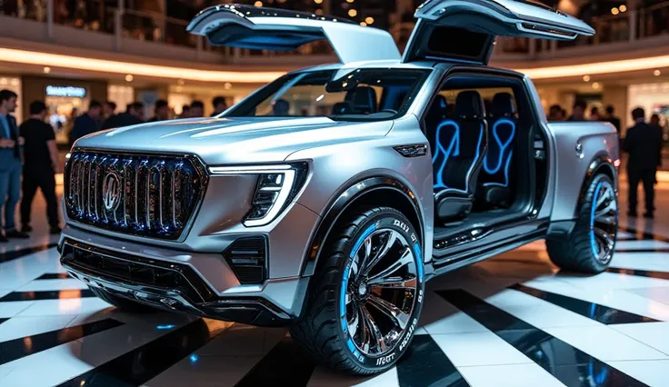 "A futuristic luxury pickup truck with an aggressive and bold design. The truck has a massive front grille with vertical chrome slats, sharp LED headlights, and a sculpted hood. The body is glossy metallic silver with black and chrome accents. The doors op...