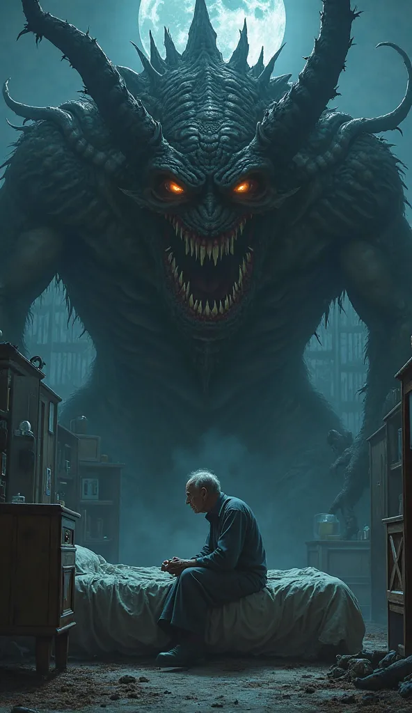 old man sitting on his bed leaning on his legs, with a demon that is above him, The demon must be completely terrifying and gigantic, Scene on a bed in the middle of the night