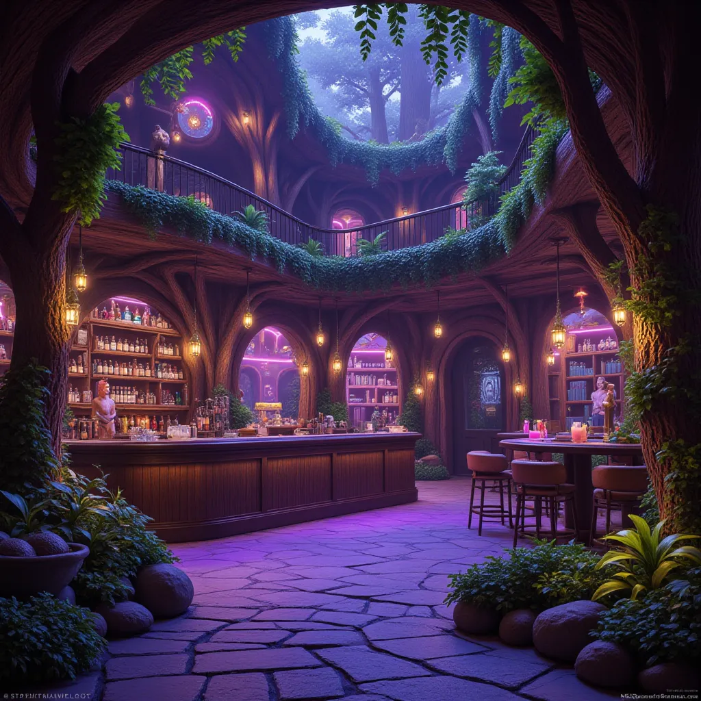 realistic photo, best quality, no humans, an enchanting bar features a fantasy woodland aesthetic, with tree-like structures, arched windows, and soft purple light, casting a dreamy, mystical glow over the space. Organic wooden furnishings, and hanging lan...