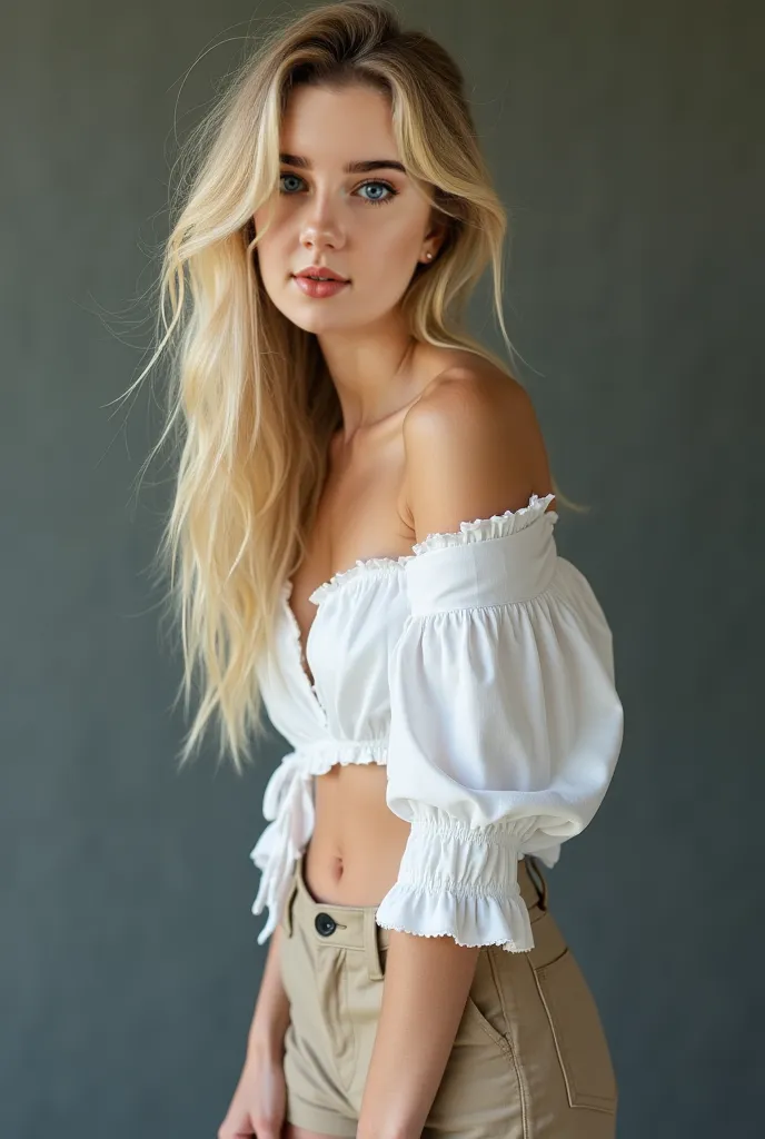 An egirl boy posing for a portrait standing.  This is a photograph of a fair-skinned young woman , long, straight blond hair cut in a disheveled and layered style, giving her a natural and disheveled look.  perfect round breasts , Very thin size, thick thi...