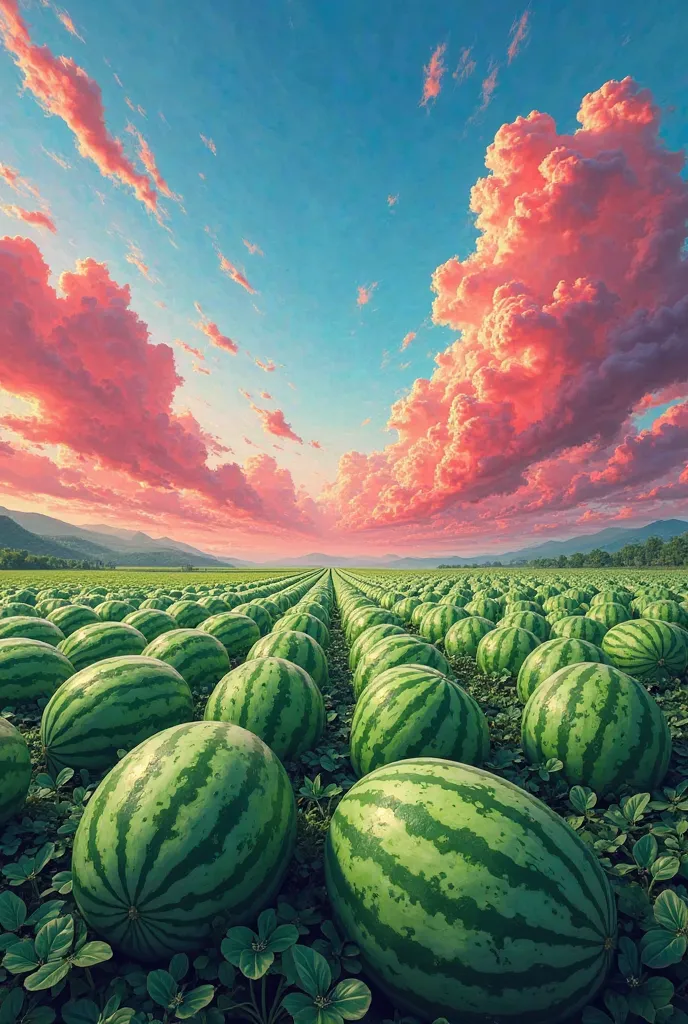  A plantation of very green watermelons, In the background very blue sky with red clouds