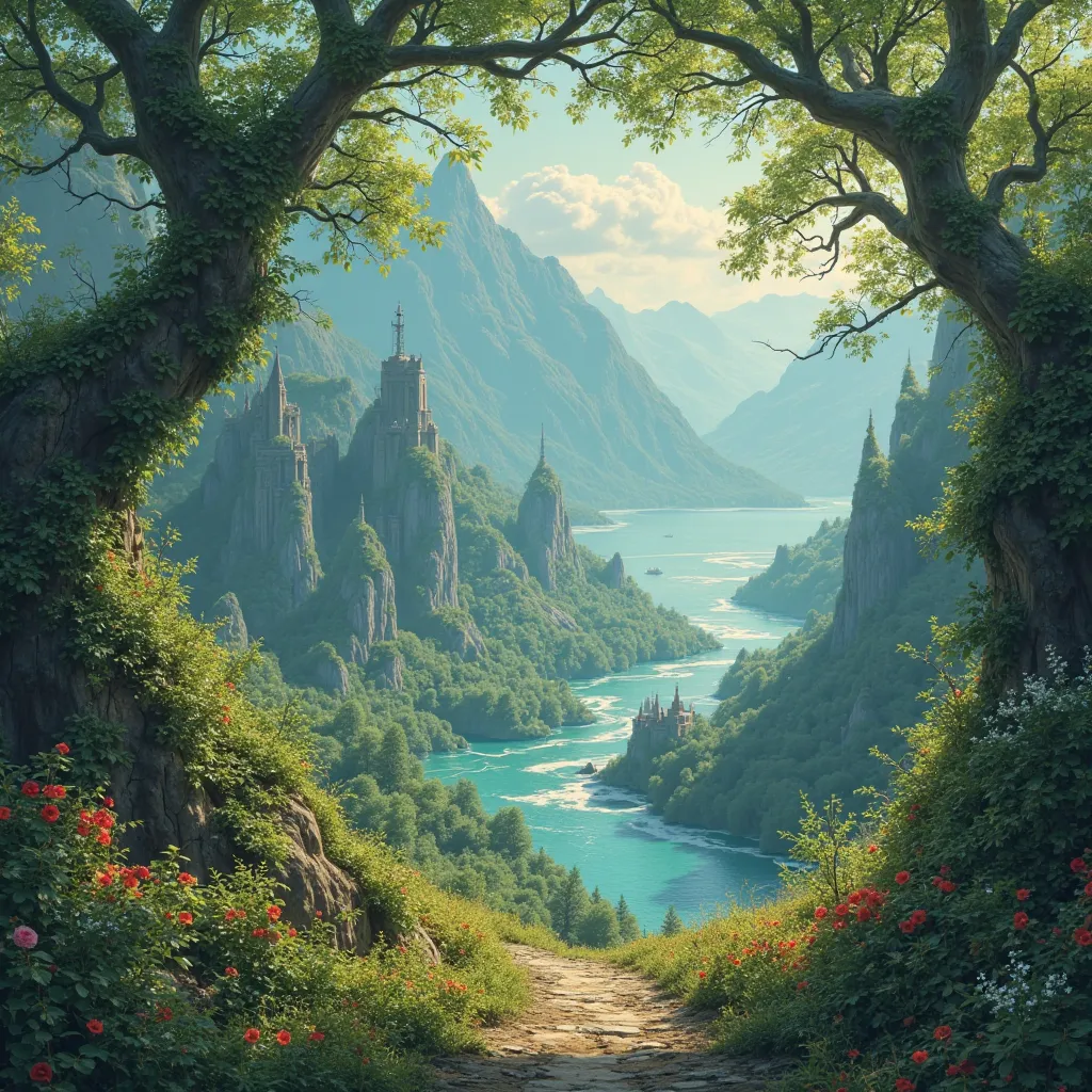 Before the endless vastness of the ocean, a spring continent rises like a dream sculpted by magic. The land of fairies and fairy peoples shines in the distance, a vibrant jewel surrounded by the deep blue of the sea. Its woods seem alive, pulsing in shades...