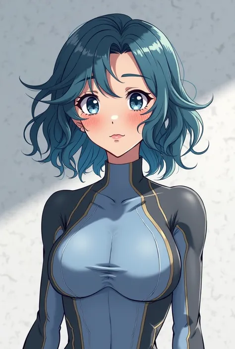 I want to create an anime character, In the style of anime:  My Hero Academia, She would have medium wavy hair, navy blue eyes with tufts of hair ( as the roots ) blondes and big gray eyes, somewhat thin but with an hourglass body, without tattoos and with...