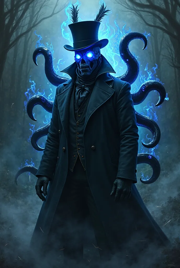 Plague doctor with blue flames coming out of his eye black  tentacles coming from his back with eyes top hat with two feathers on the right blue flames on the top hat In a horror film 