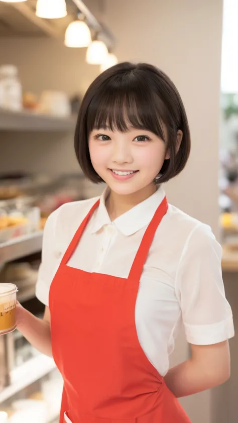 Only one woman, standing, (Staff uniform) (Red apron), /(Black hair/) Bangs, Gentle smile with blush on cheeks, (Top quality masterpiece :1.2) Super detailed delicate illustration, ((Big Break)), (Cafe shop) Indoor, (((18 year old girl, Slim, ))), ((Red ap...