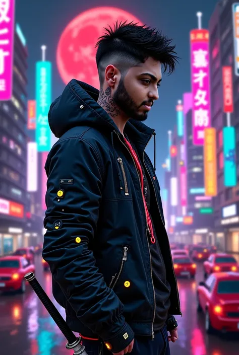 Character wearing a futuristic black cyberpunk themed Neon jacket standing in a futuristic night city, the jacket also has small yellow lights on it. Character has a cyberpunk themed black hair with taper fade and undercut with art. Character also has a ni...