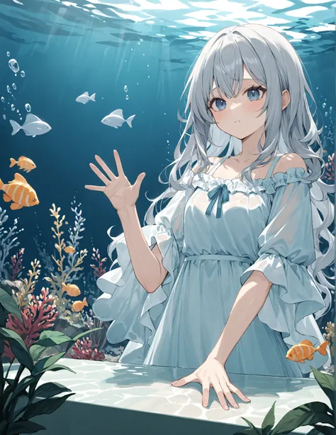 1 girl,gray hair, short hair, white hair, inner color, collarbone,  eyelashes,Looking at jellyfish, holding hands on glass, upper body, aquarium, crowds, dark