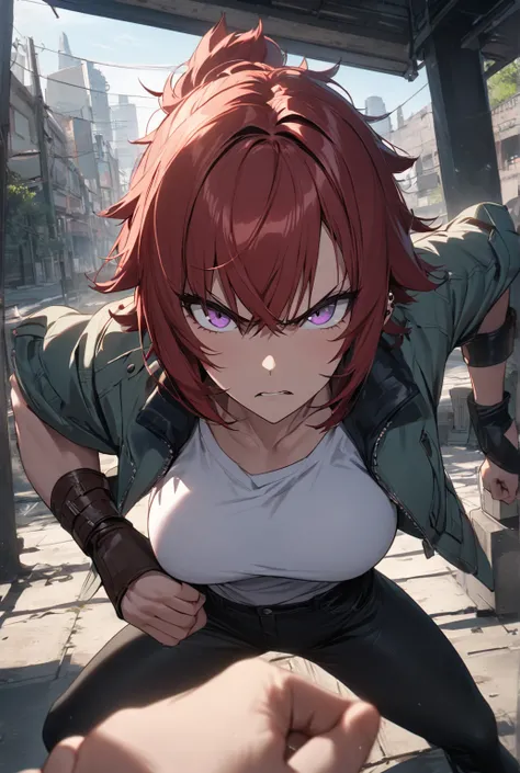 {{full body}} 1 girl, wolf-cut hair, short red hair, lilac eyes, fair skin, muscular, white shirt, large chest, cap sleeved jacket, gray and cyan jacket, black jeans, leather bracers, black boots, ear piercings, looking at viewer, pov, afternoon, modern se...