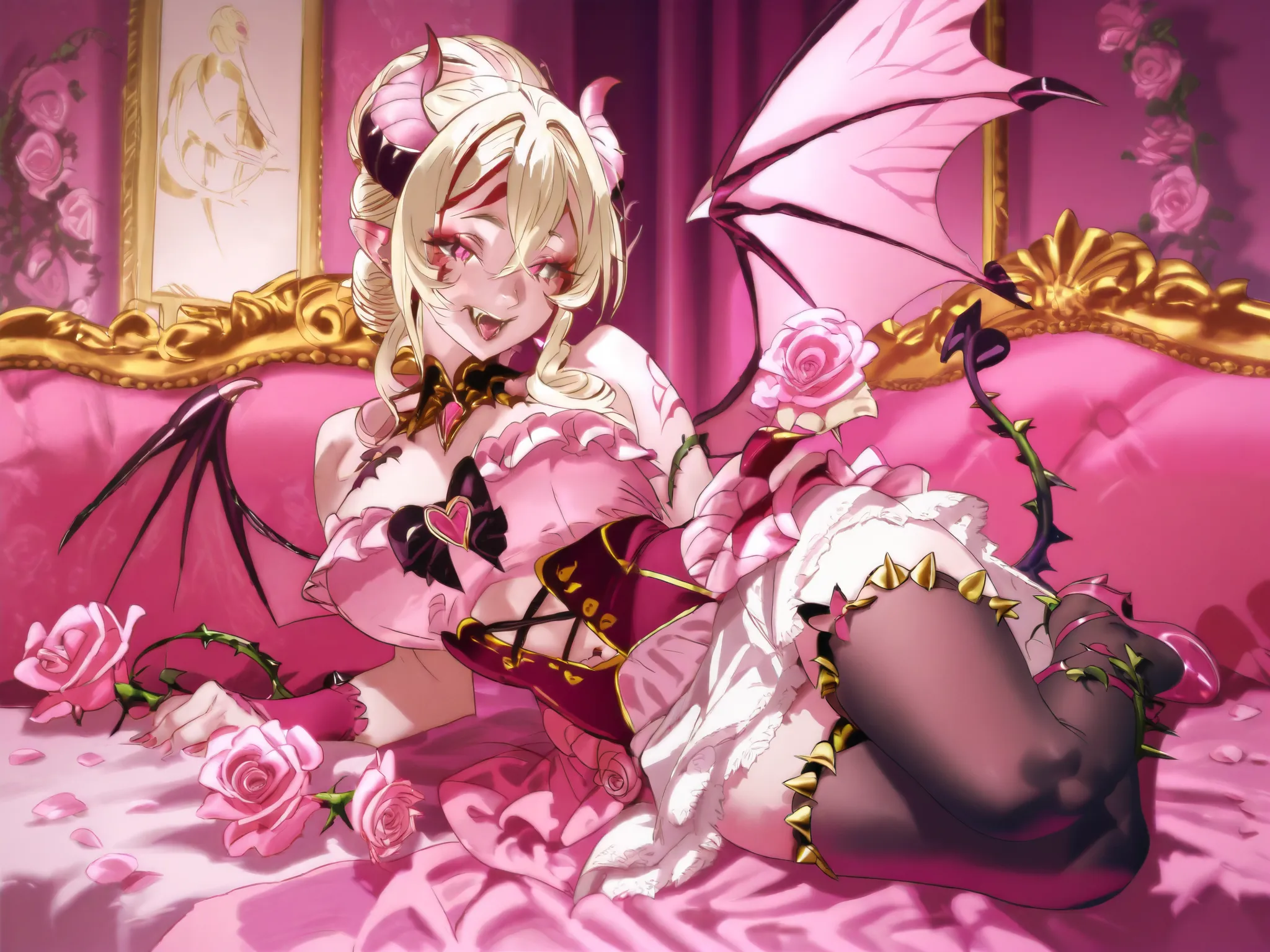 succubus , is mature adult woman. she has light blonde curly hair gathered in one single hair-bun, some curls are escaping from her hairstyle. Her eyes are pink with narrow pupil.  She has golden and pink tattoos of roses and demonic sigils of lust on her ...