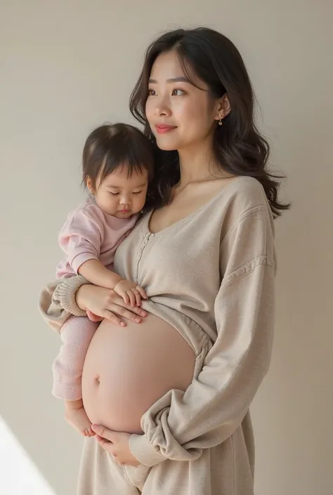 Create an image for panel wear, a Korean model Wearing a fashionable casual crop top with long sleeves pregnant women wearing with small baby bump for photo shoot a small girl also holding her hand and pregnant woman’s husband 