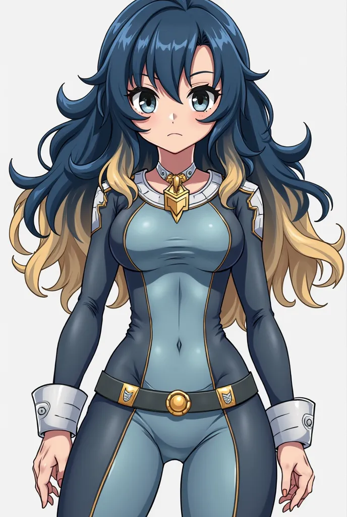 I want to create an anime character, In the style of anime:  My Hero Academia, She would have somewhat long and wavy hair, Navy blue with blond roots and big gray eyes, somewhat thin but with an hourglass body, without tattoos and without so much bust, Not...