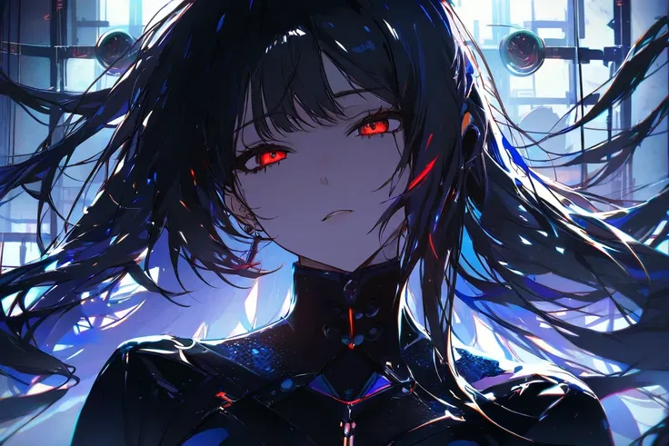 1 girl, front shot, villain, black background, beautiful, long hair, cyberpunk.