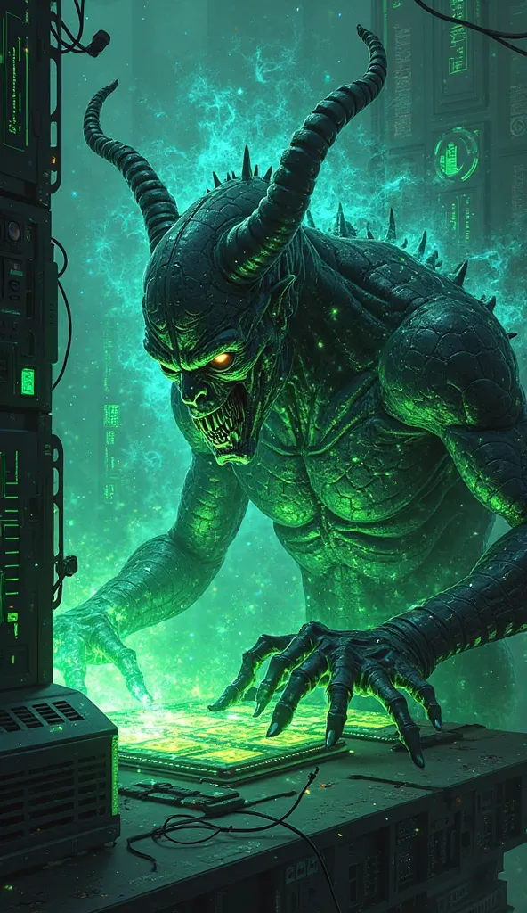 a computer possessed by a demon and an artificial intelligence, The demon must consist of bright green and blue codes, It must be completely terrifying, terror, , 