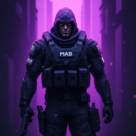 Special forces emblem. Include a muscular spec ops Crow. Include the name "MAB" on a special forces patch on uniform. Include the name "Crow" on armor. Mean look on his face. Sinister, smug smirk. Glowing purple light, steel, badass crow soldier, Spec Ops ...