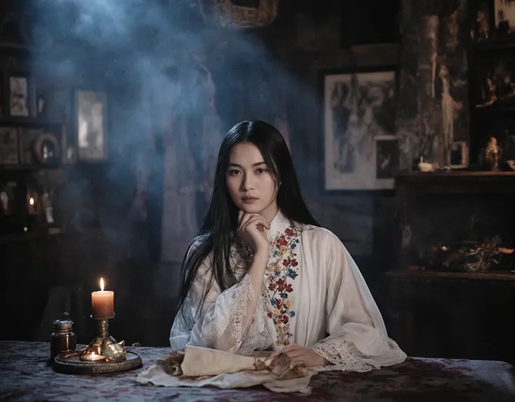 A professional photograph of a woman sitting at a rustic wooden table in a dimly lit, mystical room. She has long, straight black hair, warm brown skin, and deep, expressive eyes. She wears a traditional white dress adorned with intricate floral embroider...