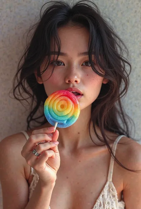 Girl sucking on long lollipop 