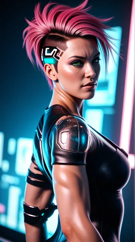  A 3D anime style woman with pink punk hair and green eyes, white and black robotic arms and robotic chest. white  background. ((3/4 body image)), body looking forward