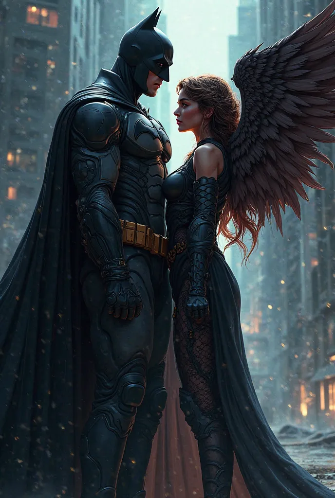 Create an image of DC: Batman and Hawkeye Woman. Place them close together and make Hawkeye Woman's wings wrap around Batman. anime dark style